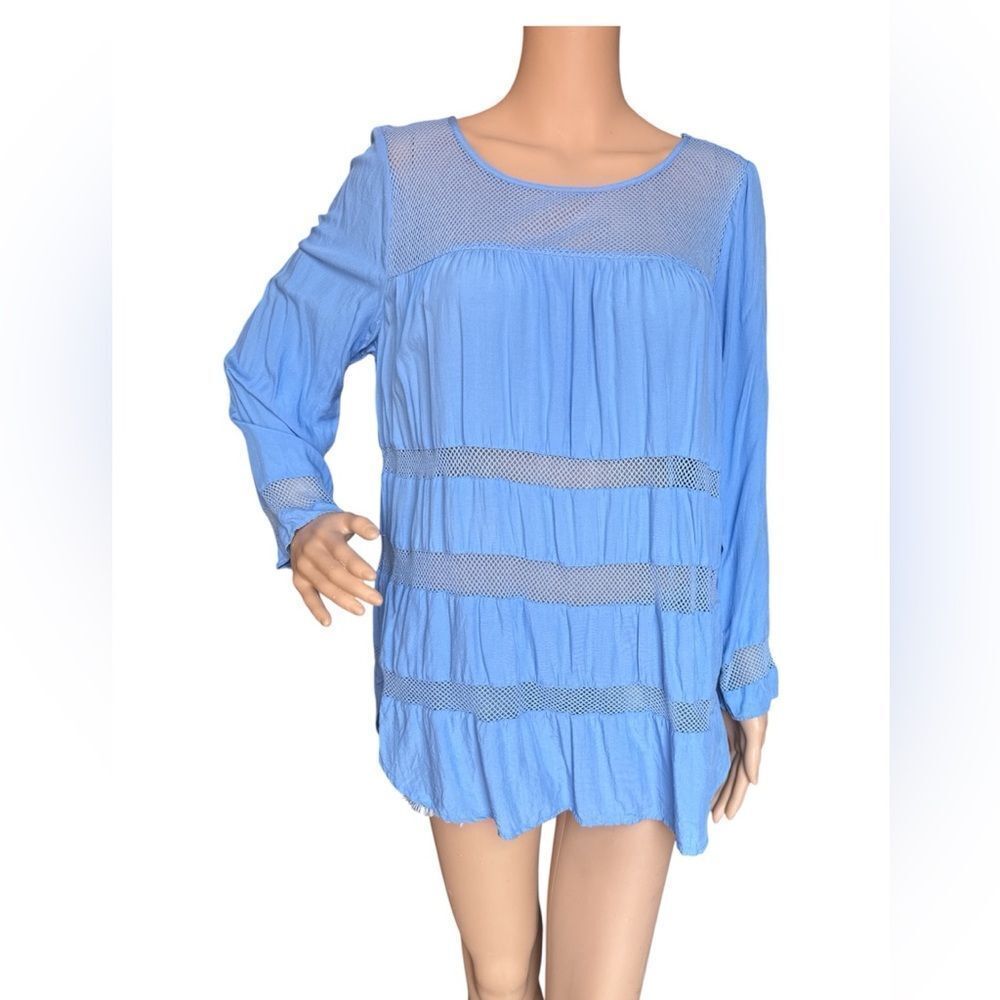 GAP Light Blue Mesh Accent Long Sleeve Blouse